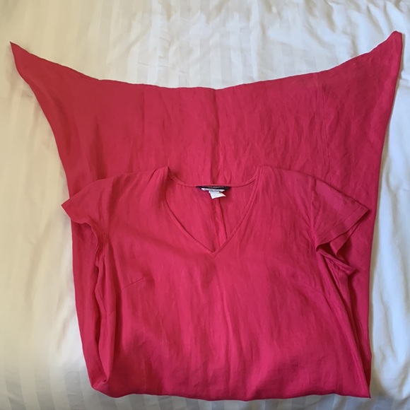 Marina Rinaldi linen watermelon pink Italian shark bite hem v neck midi dressEUC - Picture 4 of 4